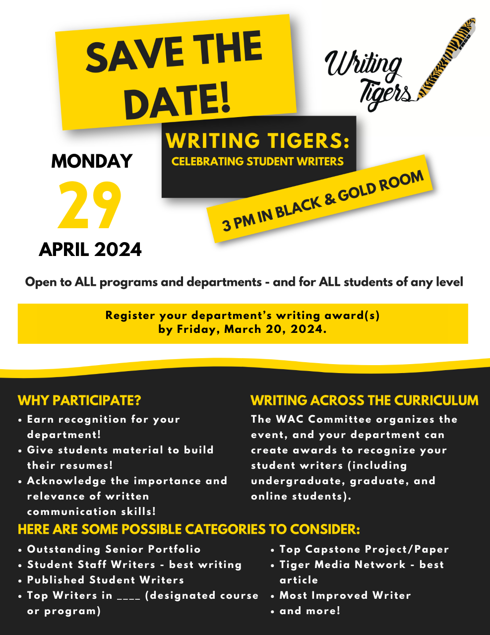 Writing Tigers Mon 4/29 at 3 in Black and Gold