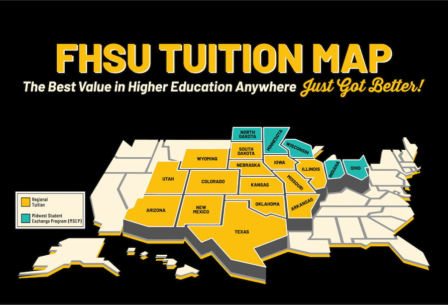 FHSU tuition map showing states eligible for Regional tuition and reduced MSEP tuition rates. Regional Tuition applies in Arizona, Arkansas, Colorado, Illinois, Iowa, Kansas, Missouri, Nebraska, New Mexico, Oklahoma, South Dakota, Texas, Utah, and Wyoming. Reduced Midwest Student Exchange Program tuition rates apply in Indiana, Minnesota, North Dakota, Ohio, and Wisconsin.