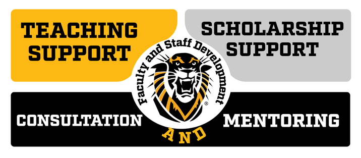 A FHSU Tiger Logo with the three parts of Faculty and Staff Development: Teaching Support, Scholarship Support and Consultation & Mentoring