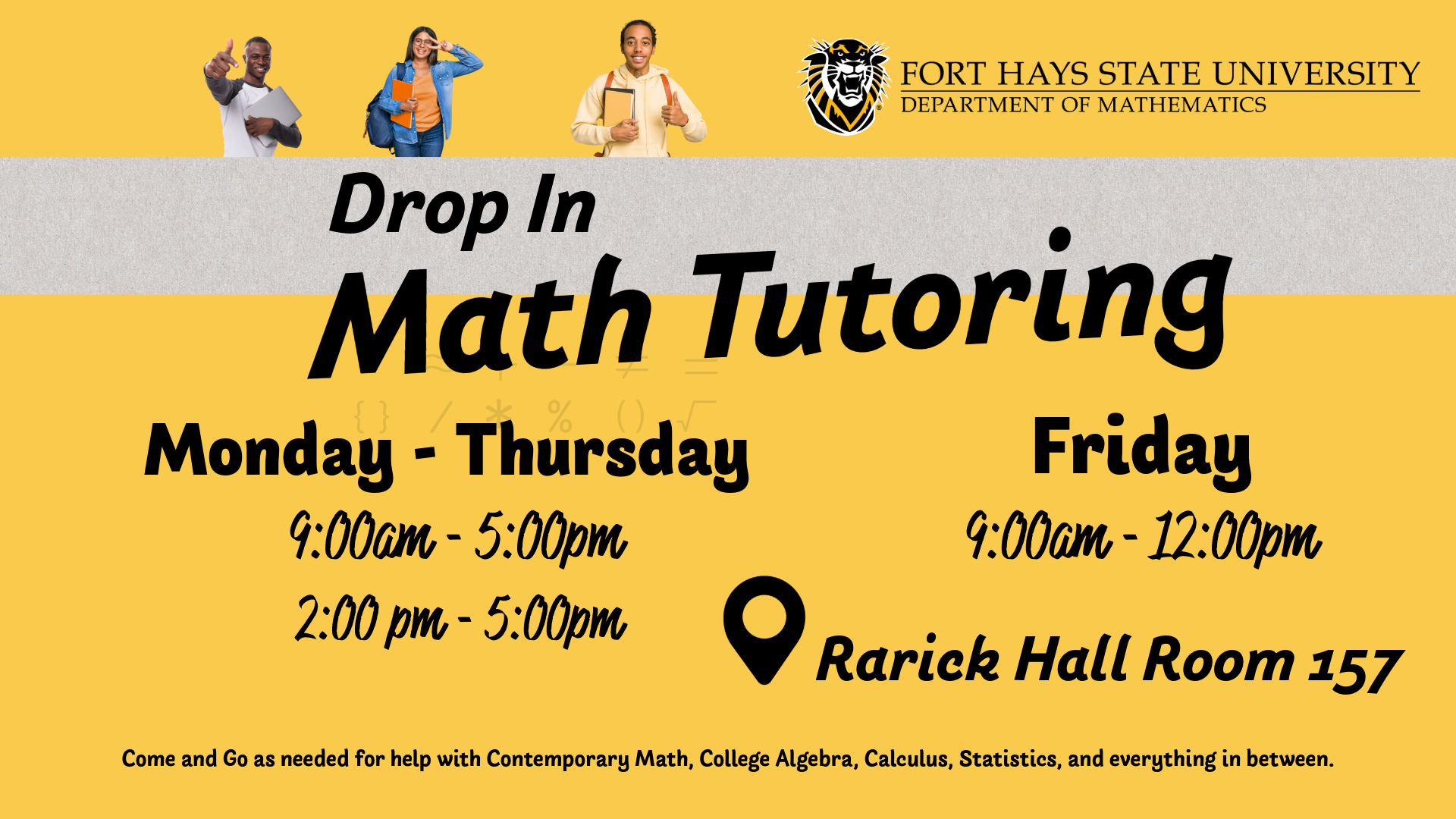 Tutoring flyer displays Drop in hours available Monday through Thursday from 9AM - 5PM and Friday 9AM to Noon.