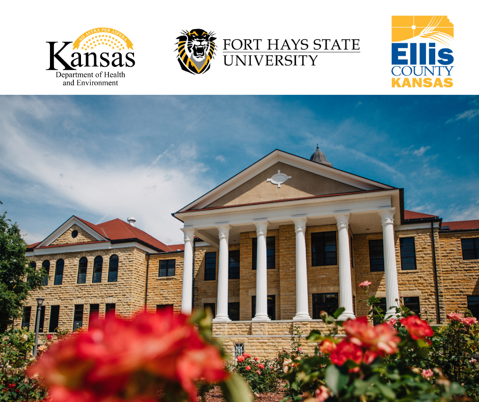 picture of Picken Hall with KDHE, Ellis County Health Department and FHSU logos