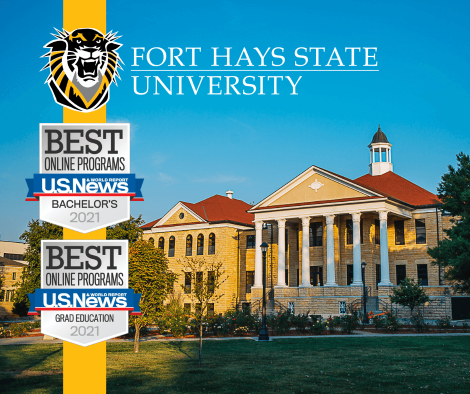 A picture of the U.S. News & World Report Online Ranking Badge, FHSU Logo and Picken Hall 