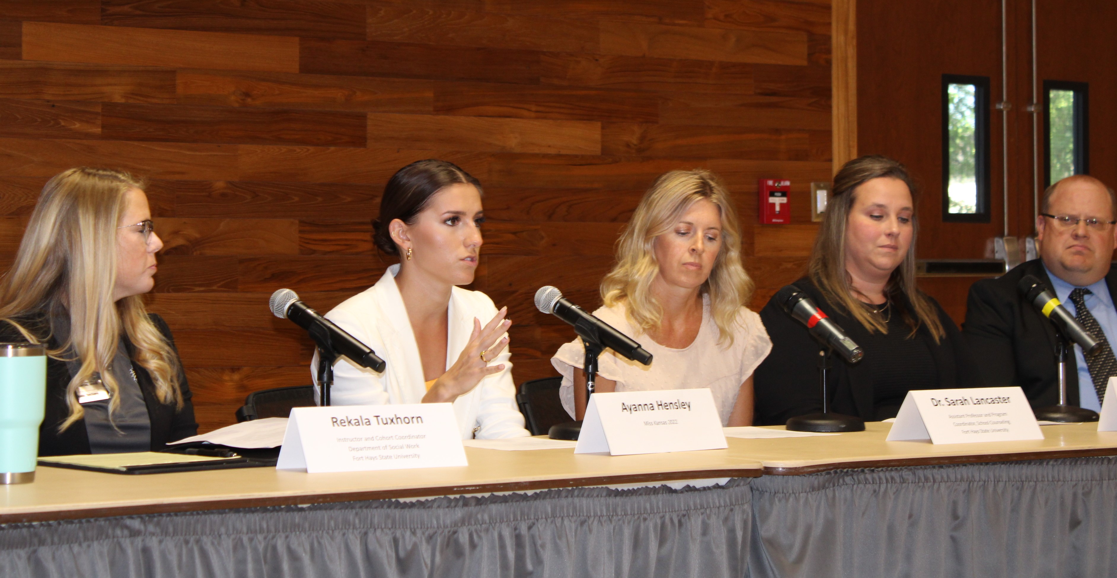 Miss Kansas Ayanna Hensley talks about her experiences with childhood trauma during a panel discussion at the FHSU Memorial Ballroom