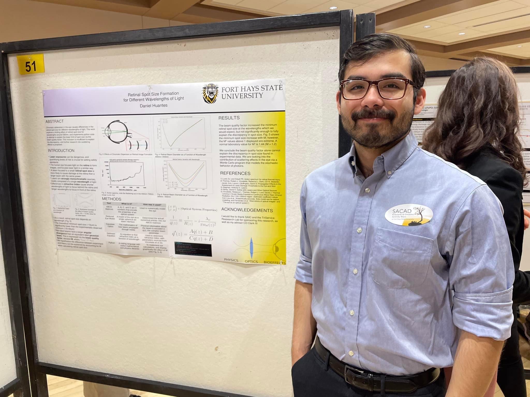 Daniel Huantes presented research on retinal spot size formation at FHSU’s Scholarly and Creative Activities Day in April