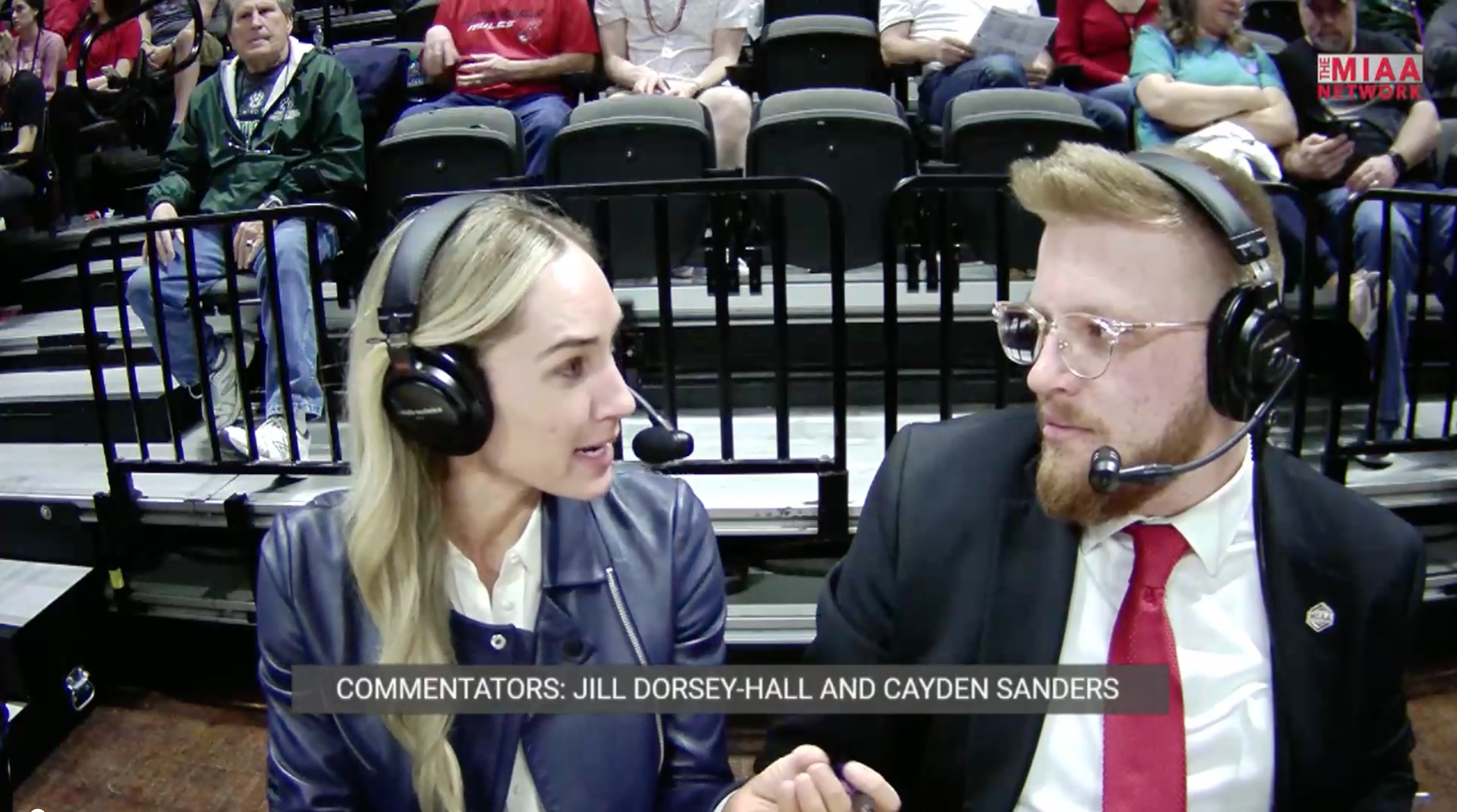 2023 MIAA basketball tournament commentators Jill Dorsey Hall and Cayden Sanders