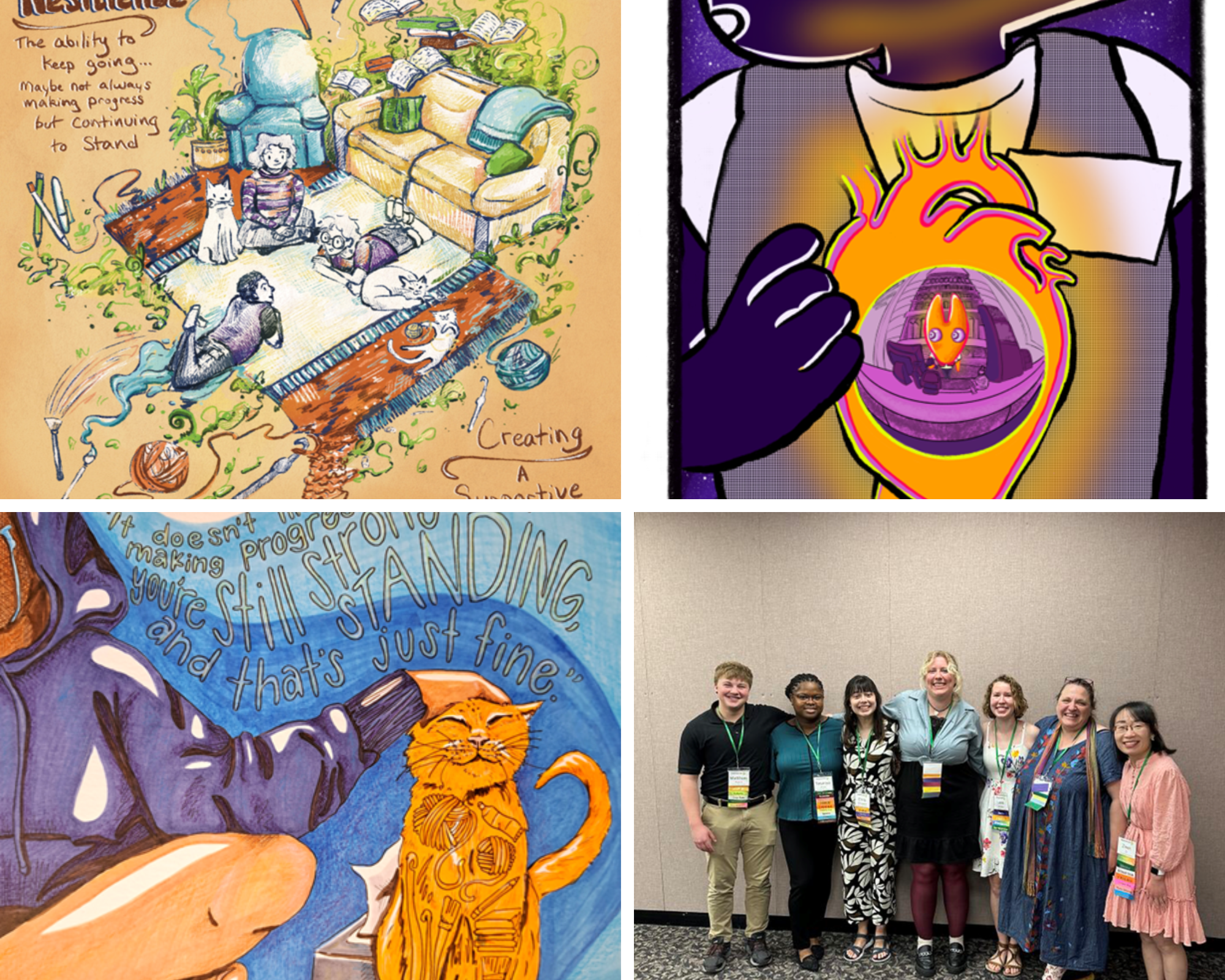 Illustrations by Lexis Beesley, upper left; Jenny Cox, upper right; Emily Schoeppner, lower left. Team members are shown, lower right.