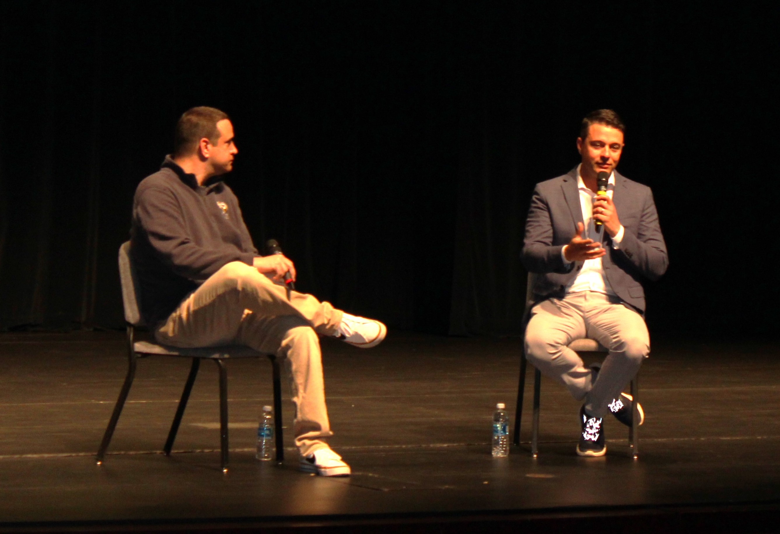 Nick Schwien, director of Tiger Media Network, and Michael Schwanke, KWCH Eyewitness News anchor, discuss journalism and related topics at Beach Schmidt Performing Arts Center March 25.