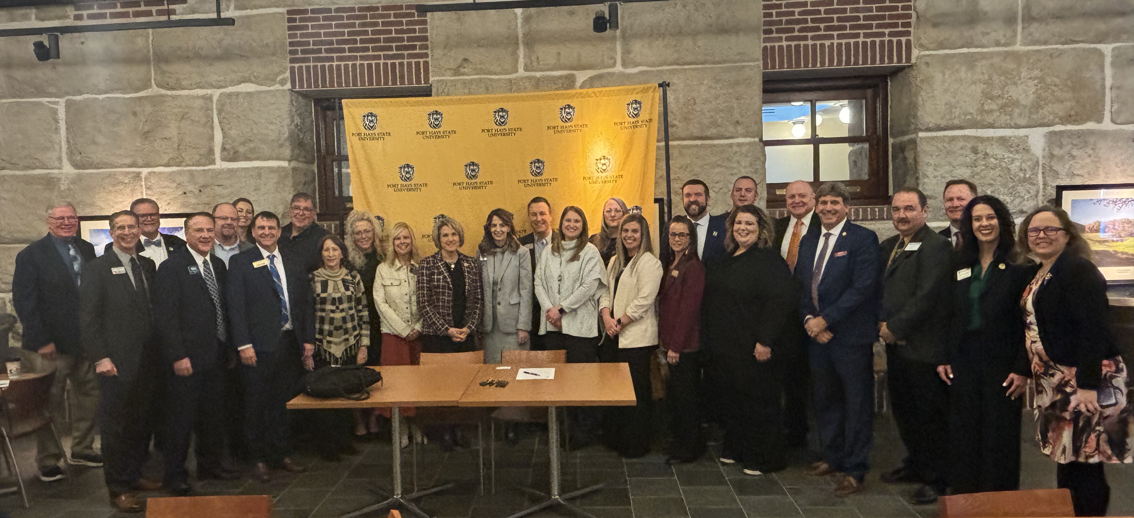 FHSU President Tisa Mason (center), along with FHSU academic leaders and Kansas Community College presidents gathered in the state capital for the January 16 MOU signing event.