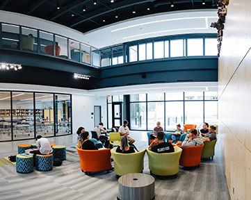 The first-floor lounge area of the new Center for Art and Design.