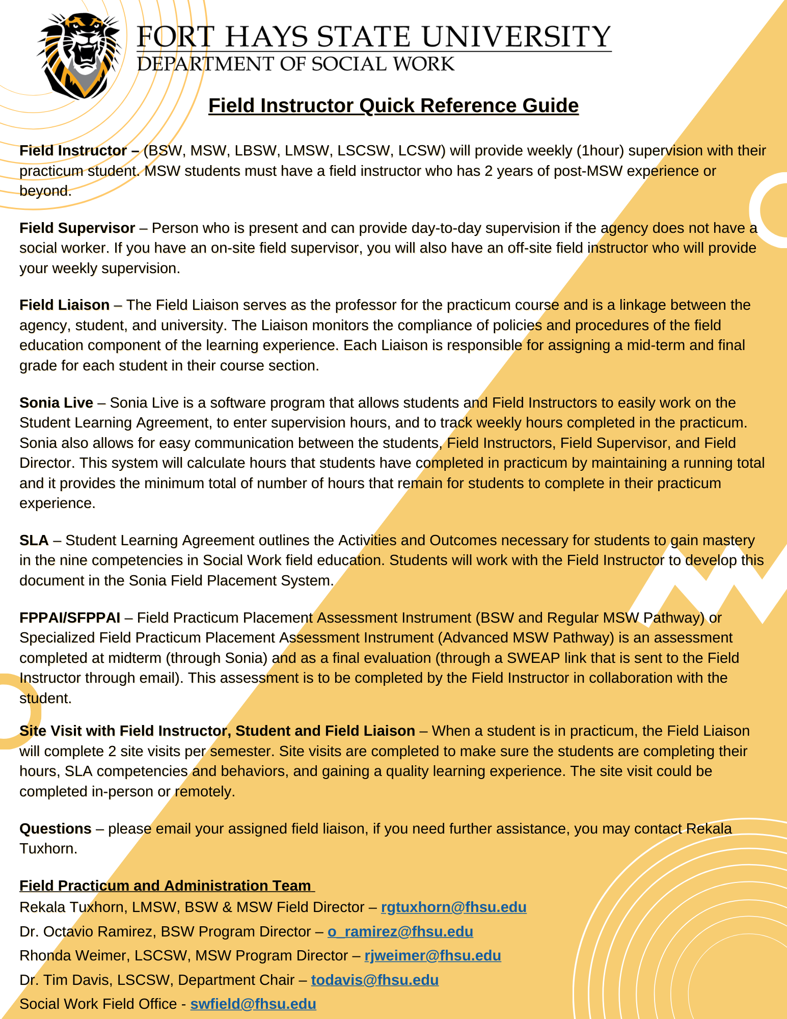 Field instructor quick reference guide