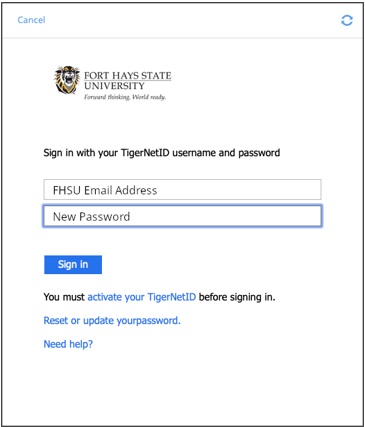 FHSU Sign in screen