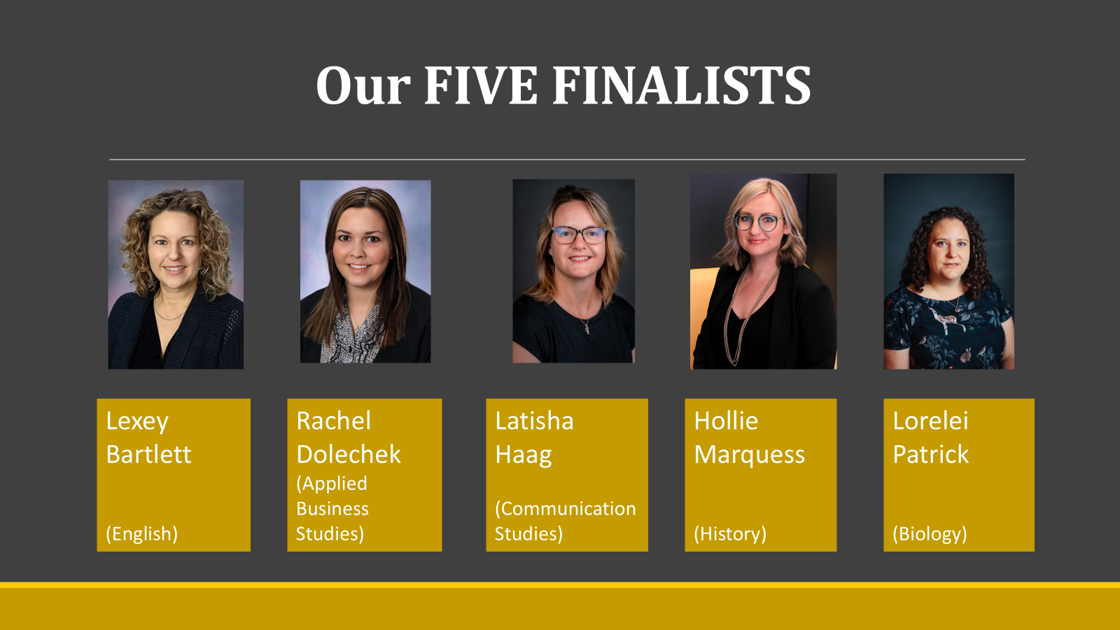 Banner with 5 finalists head shots and titles